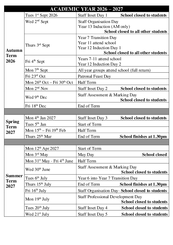 Academic year 2026 2027 for website